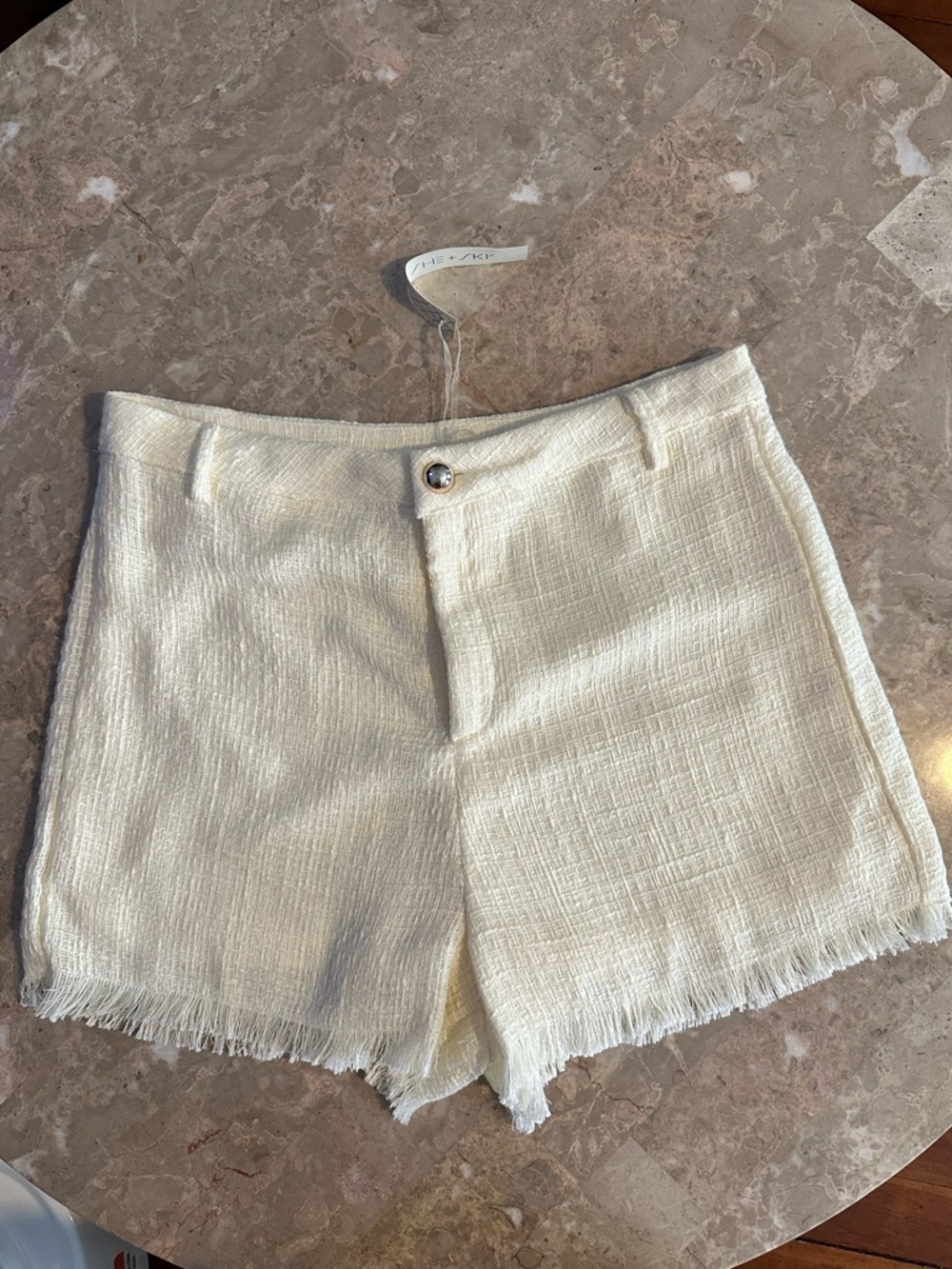 She + Sky Cream Tweed Frayed-Hem Shorts